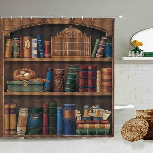 Library Bookcase Room Books Shower Curtain Retro Style Art Family Bathroom Bathtub Art Blackout Waterproof Cloth Curtains Set