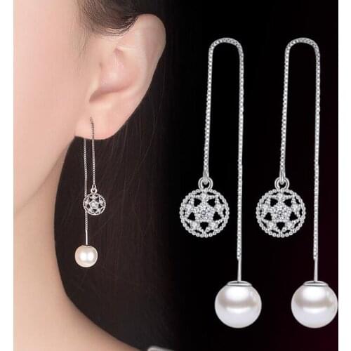 KOFSAC New 925 Sterling Silver Earrings For Women Luxury Crystal CZ Hollow Lotus Pearl Earring Ear Line Fine Jewelry Gift Bijoux