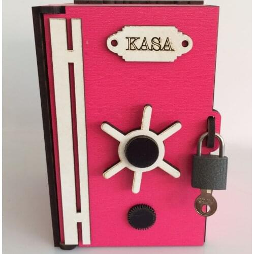 Creative Wood Saving Box Piggy Bank with Steel Lock Money Bank Fuchsia