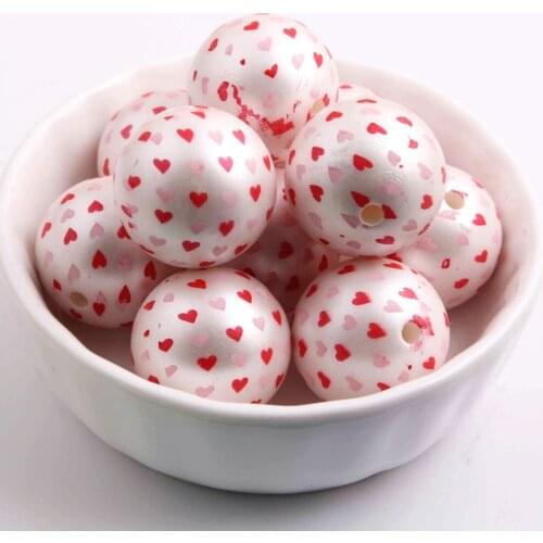 Valentines Day 100pcs/lot 20mm Chunky matte Imitation pearl print red/pink heart acrylic beads for kids jewelry making