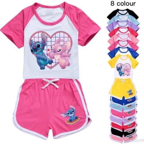 Disney Stitch Boys Fashion T-shirt Shorts Leisure Sports Suit Kids Princess Clothing for Girls Teenage Suit