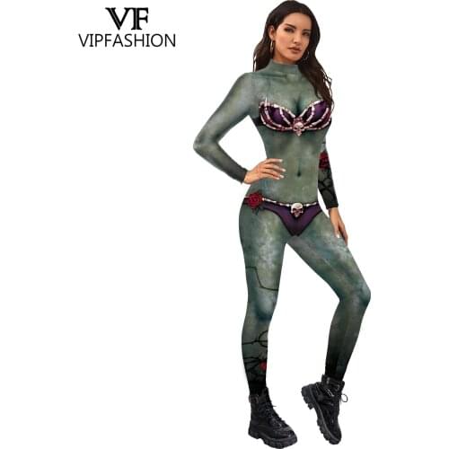 VIP FASHION Halloween Skulls Printing Cosplay Costumes Women Sexy Slim Jumpsuits Adult Festival Acting Suit Elastic Bodysuits
