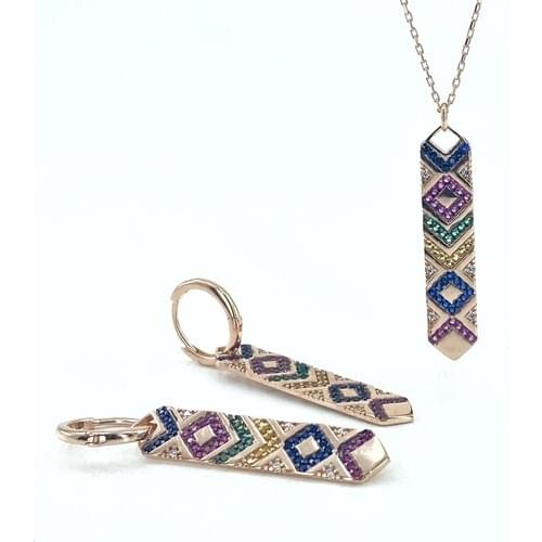 Magümüş Multicolor Fashion Trend New Silver Necklace Earrings Set Suit