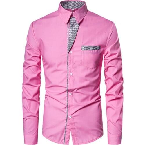 Large Quality Shirt Stitching Decoration Slim Fit Mens Long Sleeve Shirt Solid Color Top European Size