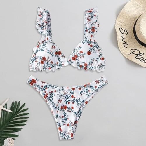 Sexy Bikini Set Flower Print Ruffle Sleeveless V Neck Beachwear Summer Swimwear 2021 Casual Fashion Brazilian Bikini Feminino