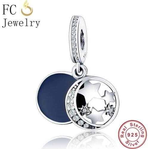 FC Jewelry Fit Original Brand Charm Bracelet 925 Silver Beads Vintage Night Sky Dangle with Shimmering Midnight Blue Enamel