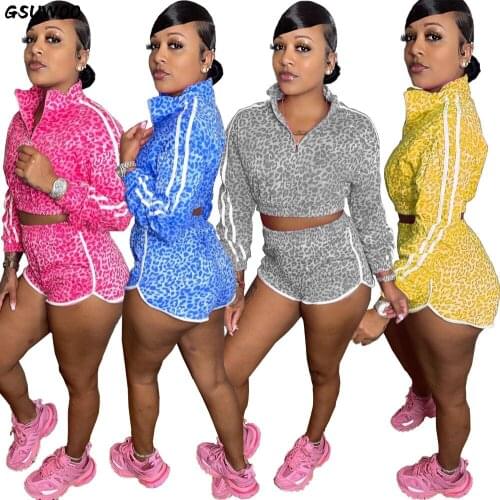 GSUWOO Fitness Leopard Print Two Piece Sets Casual Long Sleeve Stand Collar Sweatshirt Tops Bikers Shorts Jogger Sport Tracksuit