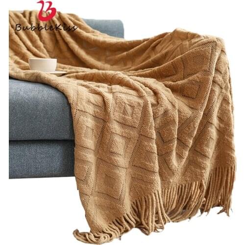 Bubble Kiss Knitted Blanket Swaddle Wrap Blankets Super Soft Tassel Decor Throw Blanket Home Solid Color Portable Travel Blanket