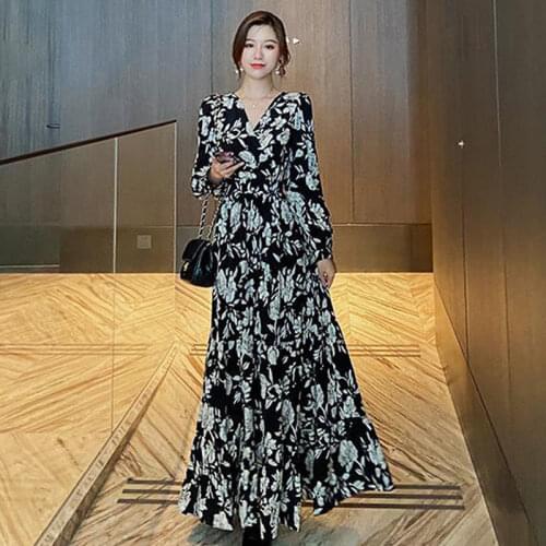 Autumn Winter Floral Printed Women Long Dress Vintage V Neck Puff Sleeve Korean Style Plus Size Thick Plush Bottoming Dress 2020