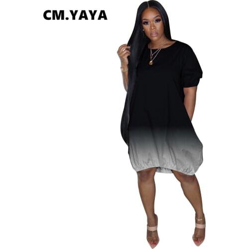 CM.YAYA Women Dress Gradient Color Short Sleeve O-neck Loose Straight Midi Dresses Casual Fashion Streetwear Summer Outfits 2021