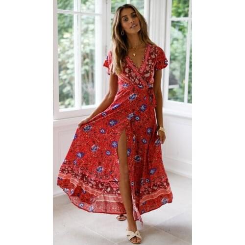 New Sexy V-neck Long Dress Women Fashion Beach Maxi Dress Summer Casual Holiday Boho Floral Dresses Printed Sundress