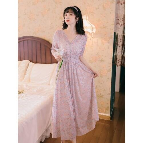 Vintage Gentle Wind Light Purple Floral Print Chiffon Dress 2021 New Female V-neck Puff Sleeve Beach Dress