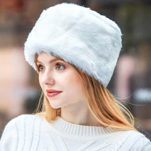 Winter Thicken Warm Faux Rabbit Fur Hat Russian Outdoor Ski Cap Fashion Soft Comfortable Women Casual Pure Color Beanies Gift