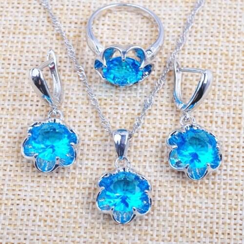 2020 New For Women Wedding Jewelry Set Silver Color Sky Blue Crystal Pendant Earrings Rings Russian Style TZ0134