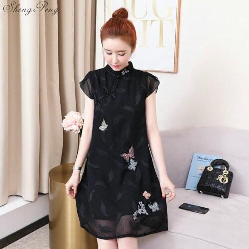 2020 modern chinese dress cheongsam qipao cheongsam modern for women Vintage Embroidery Flower Women chiffon lace V1884