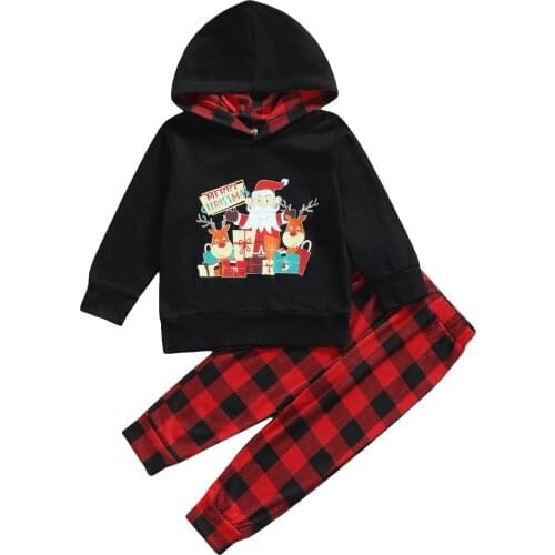 2021 Christmas Baby Clothes Suits Hooded Sweater + Trousers Santa Cartoon Print Plaid Pattern Spring Clothing Outfits