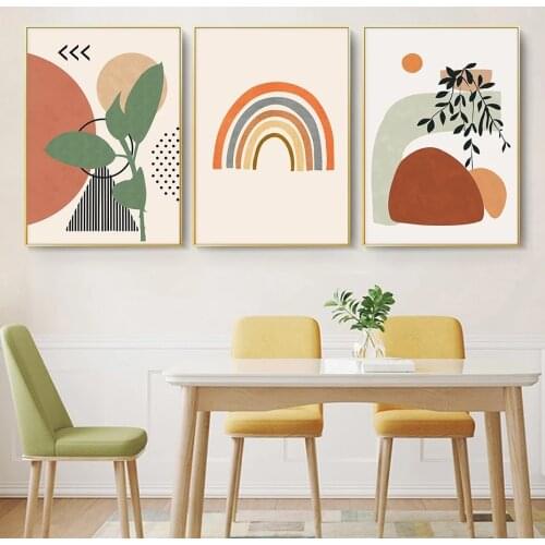 Frameless Canvas Painting Abstract Geometric Trendy Boho Style Leaves Rainbow Wall Art Print Picture Bedroom Interior Home Decor