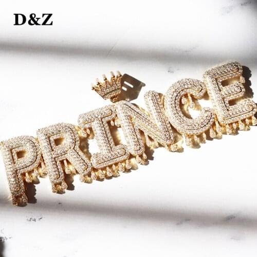 D&Z New Custom Crown Letters With Drip Bubble Letters Iced Out CZ Stones Hollow Back Pendants & Necklaces For Men Women Jewelry