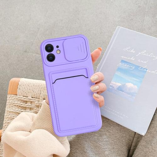 For iPhone 12 11 12mini 12Pro 11Pro Max X XS XR XSMax SE2020 6 7 8 Plus Slide Camera Lens Phone Case Card Candy Color Soft Cover