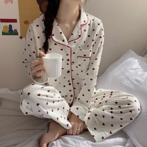 Homewear Winter Cotton Print Sweetheart Pajamas Set Women Lounge Set Pyjamas Sleepwear Nightwear Pijama Mujer