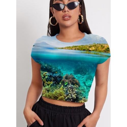 3d Tshirt Ocean T-shirt Women Coral Navel Bare Fish Tshirts Casual Sail Funny T shirts Short Sleeve Summer Printed Style O-Neck