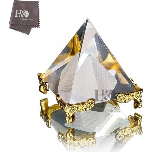 H&D Pyramid Prism 2.4"- Meditation Crystals Home Art Decor Feng Shui for Prosperity Positive Energy with Gold Stand