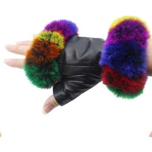 JKP New Genuine Leather Gloves Ladies Winter Fashion Real Colorful Rex Rabbit Sheepskin Half Finger Gloves