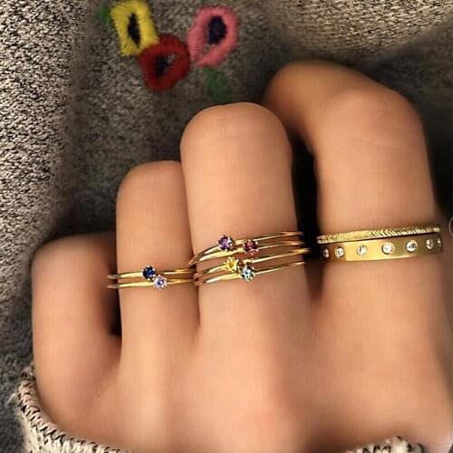 8 Pcs/Set Womens Simple Colorful Crystal Geometric Gold Ring Set Exquisite Party Wedding Jewelry Accessories
