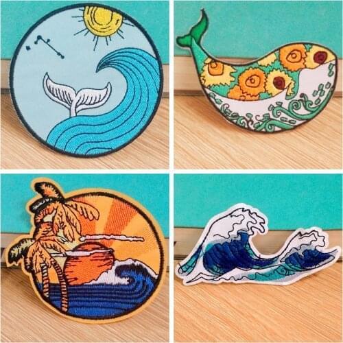 Whale/Sea Wave Patch Embroidery Patches DIY Wilderness Badge Patches For Clothes Applique Accessory Iron On Patch For Clothing