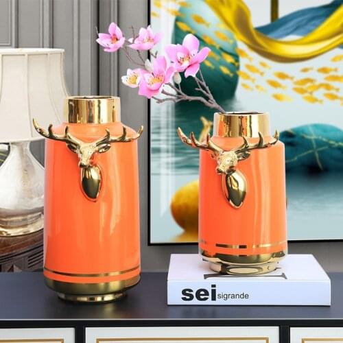 Creative Orange Electroplating Golden Deer Ceramic Vase Flower Arrangement Hydroponic Deer Head Vase Gift Porch Table Decoration