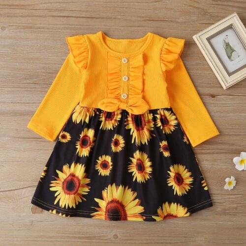 Baby Girls Fall/winter Dress Girls Sunflower Dress Yellow Ankle-length Dress Girls Long Dress with Bow