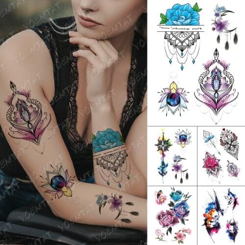Waterproof Temporary Tattoo Sticker Gem Jewelry Flower Lace Tattoos Henna Mandala Body Art Arm Fake Tatoo Women Men