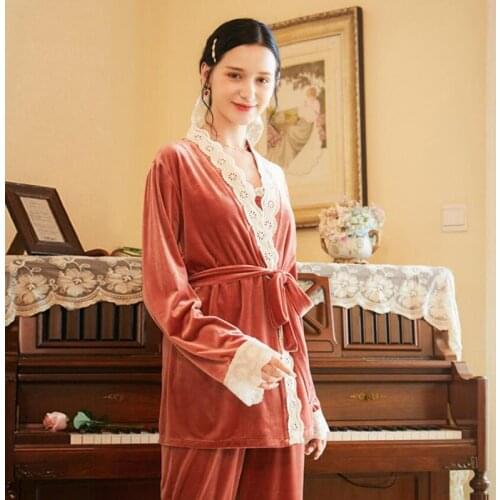 Elegant Velvet pajama set Womens Three-piece suit home clothes spring winter sleeping pajamas sleep pants Phoentin FG291