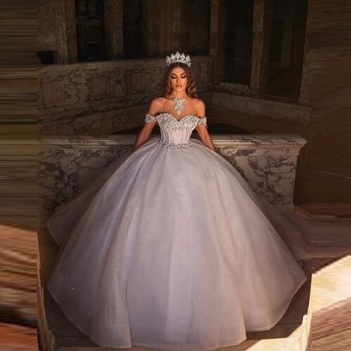 Shiny Dubai Luxury Crystal Wedding Dresses Off The Shoulder Bridal Ball Gowns With Long Train Bead Wedding Dress Robe De Mariage
