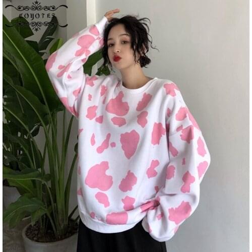Hoodies Sweatshirts Womens Thickening O-Neck Cow Printed Pullovers Women Chic Fashion Sweet Lovely Pink Sweatshirt All-Match