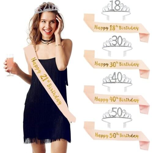 2pcs/set 18 21 30 40 50 Birthday Decoration Birthday Crown and Sash Band Girls Adults Birthday Anniversary Party Decor Supplies