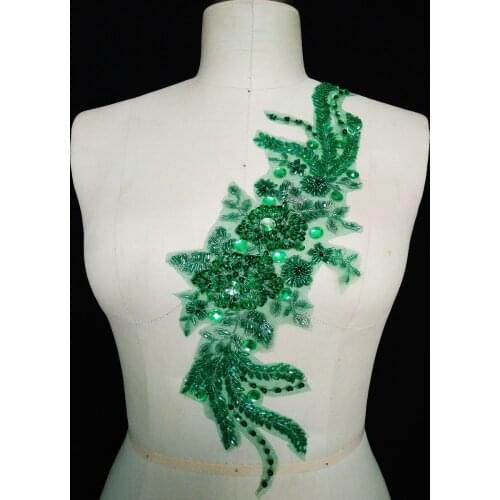 Handmade green Hot drilling Rhinestone pearl lace embroidery patch applique wedding dress bordados DIY Performance clothing