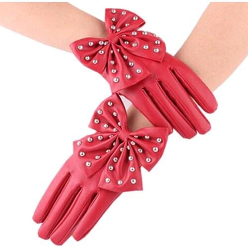 Oversized bow ladies fashion faux leather gloves pu stage performance gloves