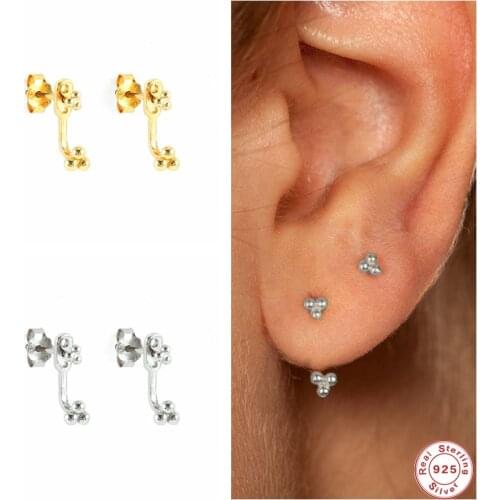 GS 925 Sterling Silver Three Beads Ball Stud Earrings For Women Tiny Front Back Earrings Ear Jacket Clips Pendiente Jewelry