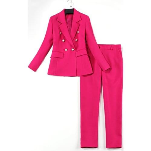 New fashion professional suit jacket female rose red long section high quality double-breasted suit pants two sets