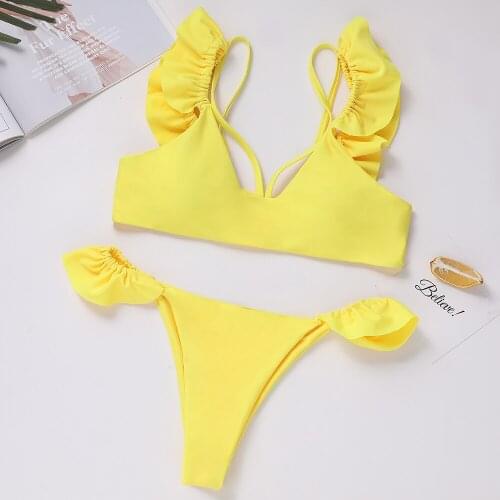 Two Colors Swimwear Women Swimsuit Sexy Push Up Ruffled Sides Bikinis Set Bathing Suit Beachwear Summer Brazilian Bikini 2019