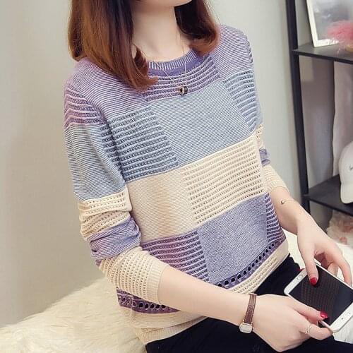 Hollow Sweater Women Autumn Long-Sleeved Loose Striped Womens Knit Sweater Thin Korean Version Bottoming Shirt 2020 Fashion New