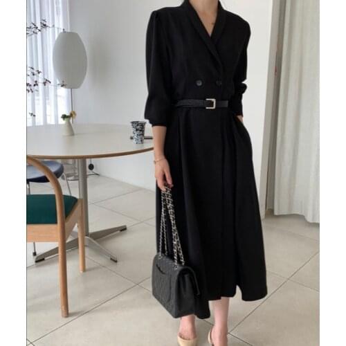 A-Line Female Clothes Casual Suit Collar Spring New Women Dress Long Sleeve Office Lady Slim with Belt