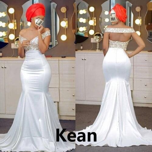 Off Shoulder Vestidos Festa White Evening Dresses Gold Sequin Mermaid robe de soiree African Gowns Evening Pageant Dress
