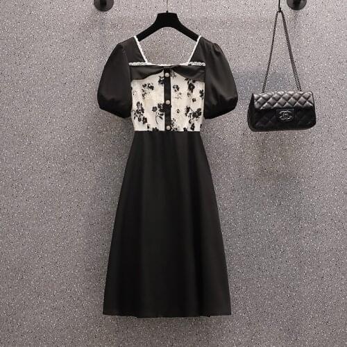 Plus Size Women Vintage Lace Patchwork Black Dress Puff Short Sleeve Square Collar High Waist Party Dresses 2021 Summer Clothing