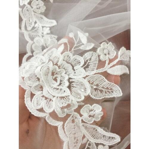 12 Yards Cotton Mesh Embroidery Lace Trim , Clear Sequin Fabric Lace , Bridal Veil Garter Trim Sewing DIY Craft Supply 13cm wide