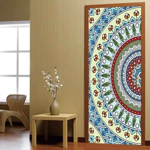 2pcs/set Colorful Mandala Pattern Door Sticker Living Room Decoration Wall Stickers Peel & Stick Waterproof PVC Art Mural Poster