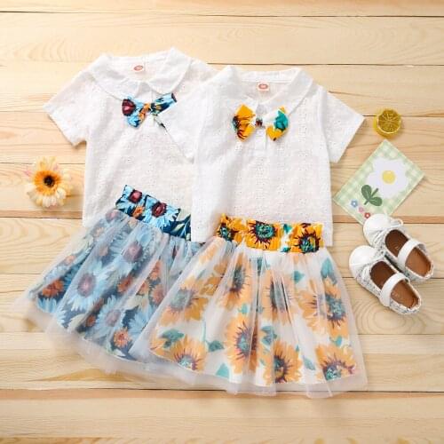 2021-05-10 Lioraitiin 2Pcs Set 1-6Y Toddler Baby Girl Summer Clothing Set Shorts Sleeve Hole Floral Shirt Lace Patchwork Skirt