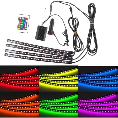 4strip/set Voice Control Interior Decorative Atmosphere Neon Light Lamp Wireless Remote Multi Color RGB Car Lighter Charge 12V