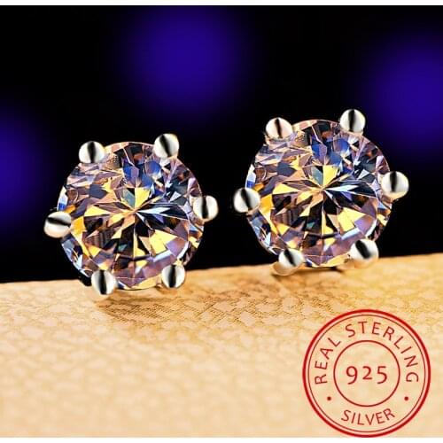 925 Sterling Silver Earrings Classic Six Claw Zirconia Stud Earrings For Women Men oorbellen boucle d'oreille S-E34